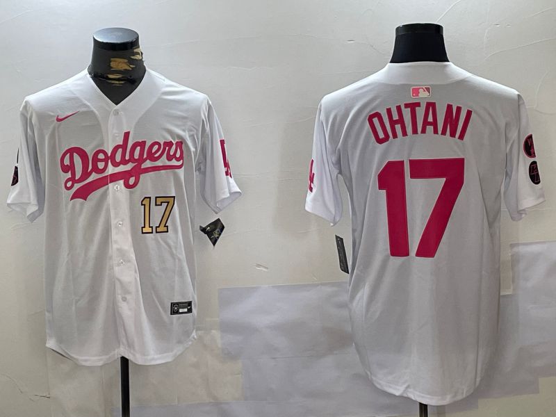 Men Los Angeles Dodgers #17 Ohtani White pink joint name 2024 Nike MLB Jersey style 10275